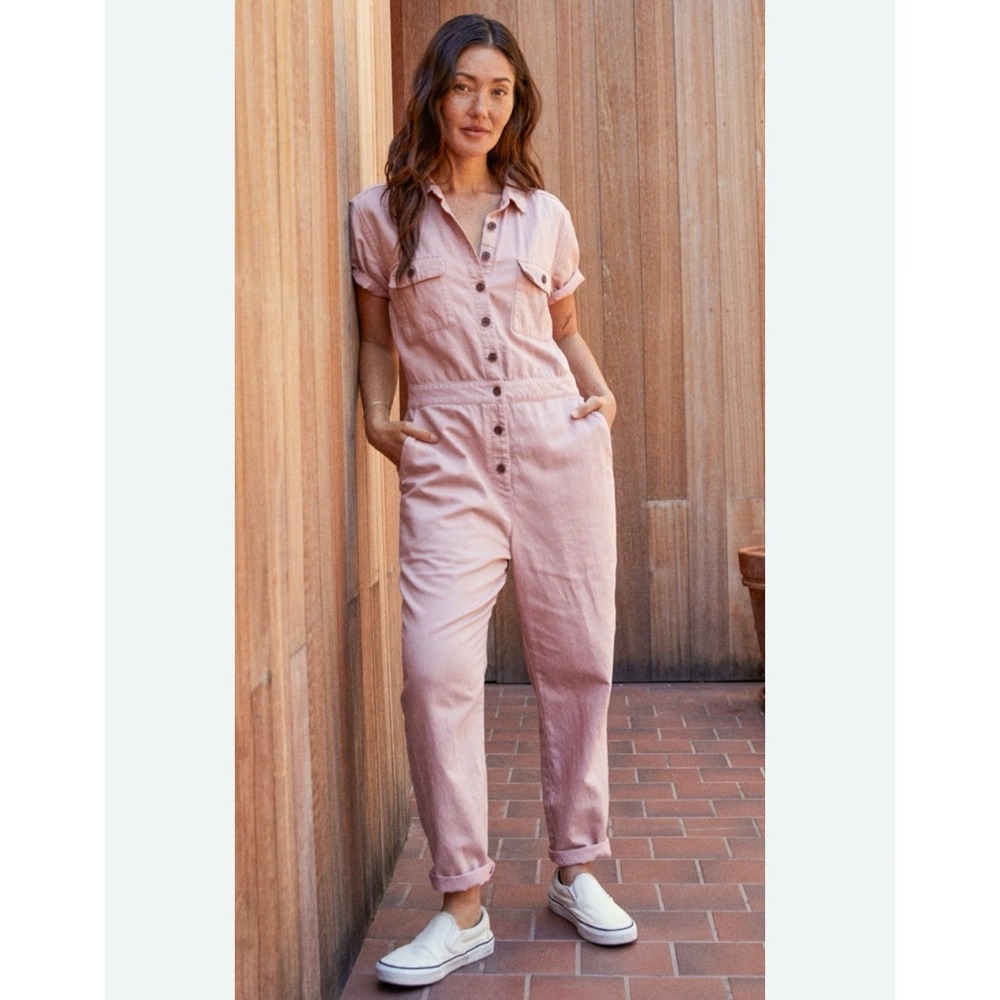 Outerknown Casual Jumpsuit Pink Linen Blend Button Front Short Sleeve Size L NWT